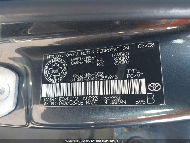 Auction sale of the 2008 Toyota Yaris, vin: JTDBT923481295945, lot number: 12642103