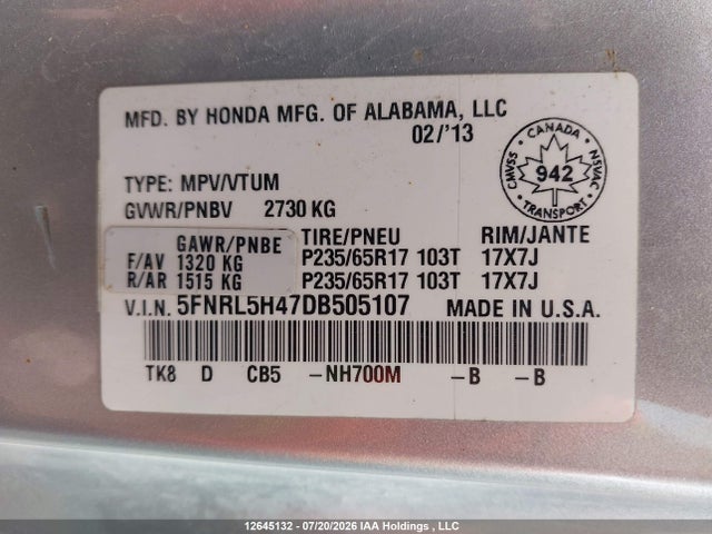 Продажа на аукционе авто 2013 Honda Odyssey Ex, vin: 5FNRL5H47DB505107, номер лота: 12645132