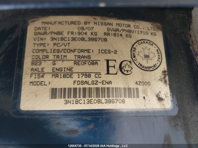 Aukcja sprzedaży 2008 Nissan Versa 1.8 Sl, vin: 3N1BC13E08L386708, numer aukcji: 12654730