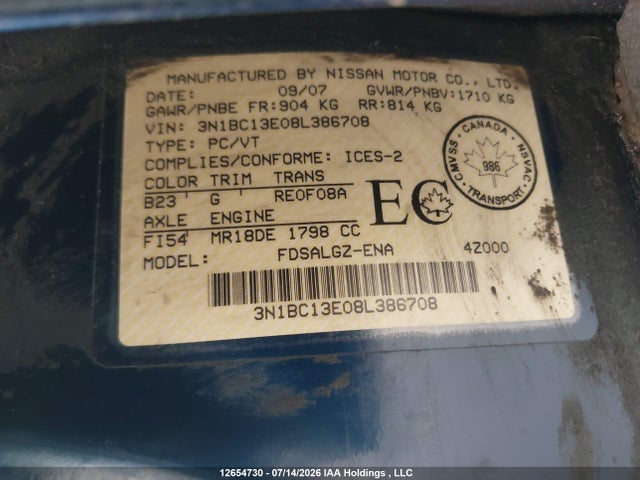12654730 :رقم المزاد ، 3N1BC13E08L386708 vin ، 2008 Nissan Versa 1.8 Sl مزاد بيع