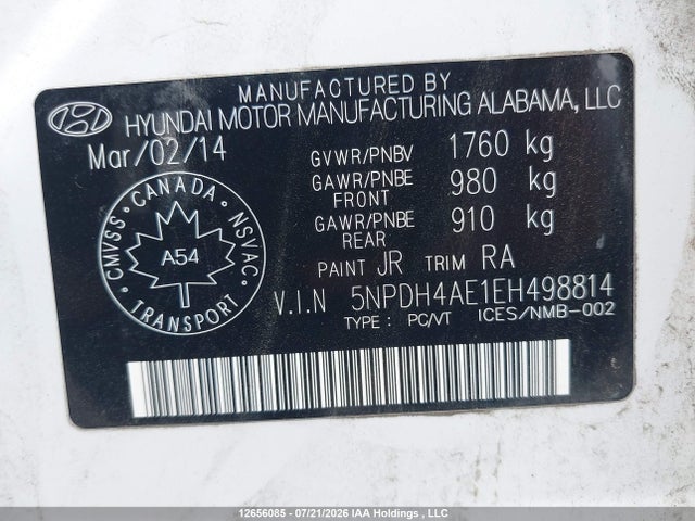12656085 :رقم المزاد ، 5NPDH4AE1EH498814 vin ، 2014 Hyundai Elantra Gl مزاد بيع