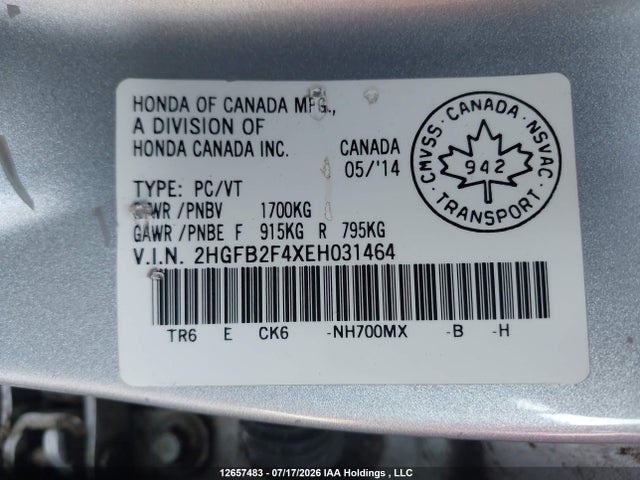 Honda Civic Lx 2014 2HGFB2F4XEH031464 Image 17