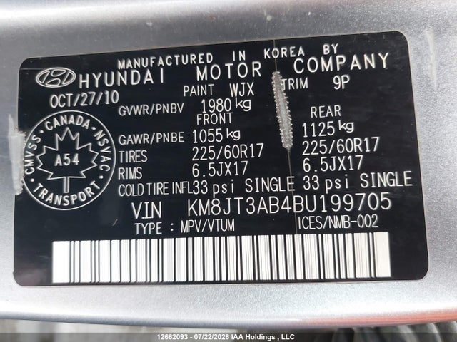 12662093 :رقم المزاد ، KM8JT3AB4BU199705 vin ، 2011 Hyundai Tucson L مزاد بيع