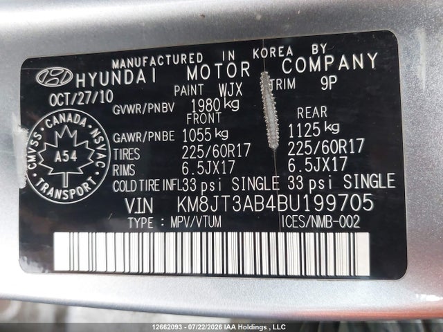 12662093 :رقم المزاد ، KM8JT3AB4BU199705 vin ، 2011 Hyundai Tucson L مزاد بيع