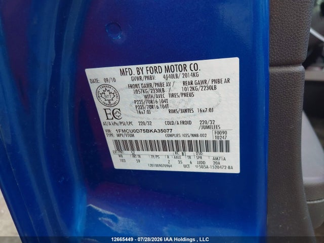 12665449 :رقم المزاد ، 1FMCU0D75BKA35077 vin ، 2011 Ford Escape Xlt مزاد بيع