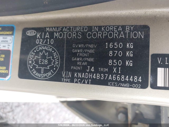 12639006 :رقم المزاد ، KNADH4B37A6684484 vin ، 2010 Kia Rio Ex/ex Convenience/ex-convenience مزاد بيع