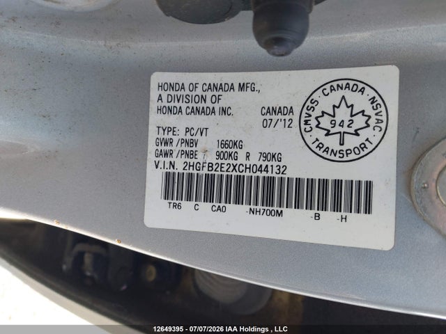 Продаж на аукціоні авто 2012 Honda Civic Dx, vin: 2HGFB2E2XCH044132, номер лоту: 12649395