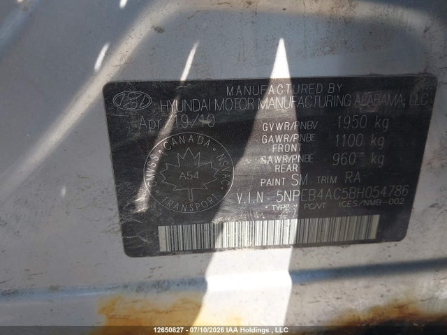 12650827 :رقم المزاد ، 5NPEB4AC5BH054786 vin ، 2011 Hyundai Sonata Gls مزاد بيع