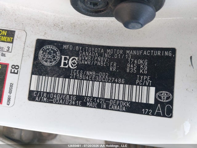 12655461 :رقم المزاد ، 2T1BU4EE3DC027486 vin ، 2013 Toyota Corolla Ce مزاد بيع