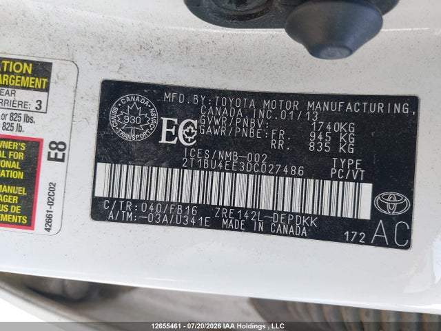 12655461 :رقم المزاد ، 2T1BU4EE3DC027486 vin ، 2013 Toyota Corolla Ce مزاد بيع