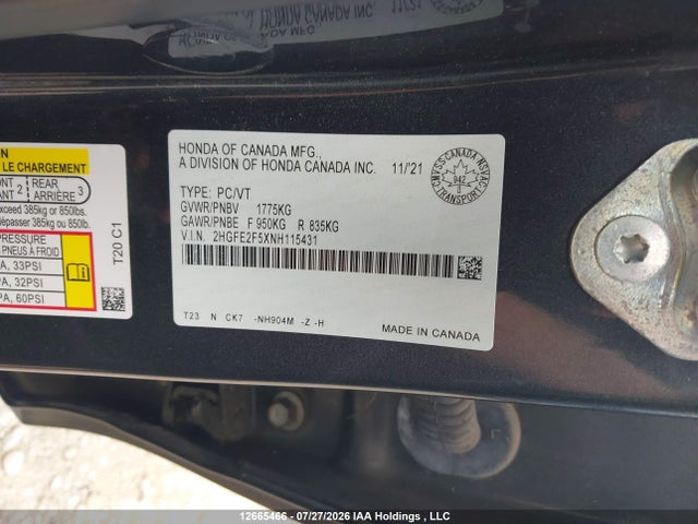 Продаж на аукціоні авто 2022 Honda Civic Sport, vin: 2HGFE2F5XNH115431, номер лоту: 12665466