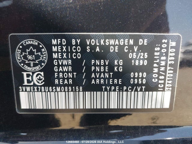 2025 Volkswagen Jetta Se მანქანა იყიდება აუქციონზე, vin: 3VWEX7BU6SM089158, აუქციონის ნომერი: 12665468