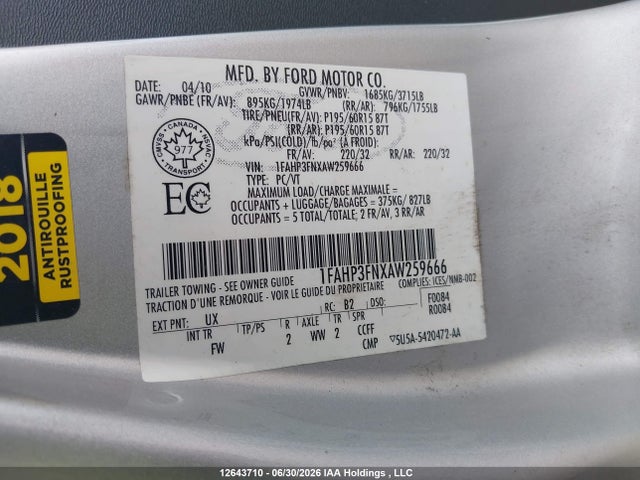 12643710 :رقم المزاد ، 1FAHP3FNXAW259666 vin ، 2010 Ford Focus Se مزاد بيع