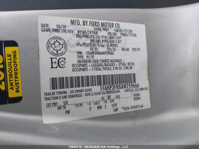12643710 :رقم المزاد ، 1FAHP3FNXAW259666 vin ، 2010 Ford Focus Se مزاد بيع