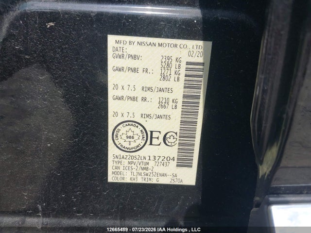 5N1AZ2DS2LN137204 Nissan Murano Platinum