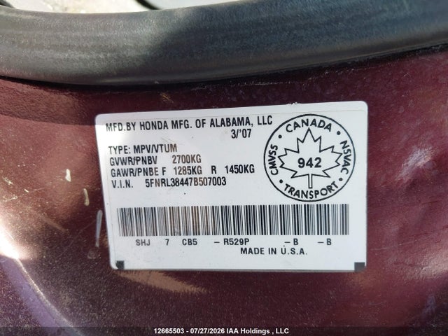 Aukcja sprzedaży 2007 Honda Odyssey Ex, vin: 5FNRL38447B507003, numer aukcji: 12665503