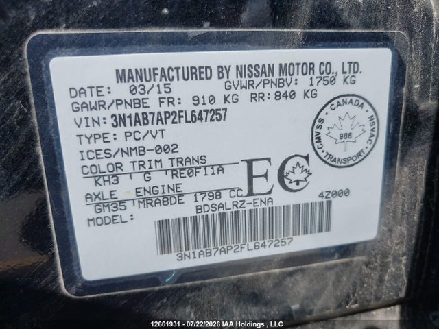 12661931 :رقم المزاد ، 3N1AB7AP2FL647257 vin ، 2015 Nissan Sentra 1.8 S/1.8 Sl/1.8 Sr/1.8 Sv مزاد بيع