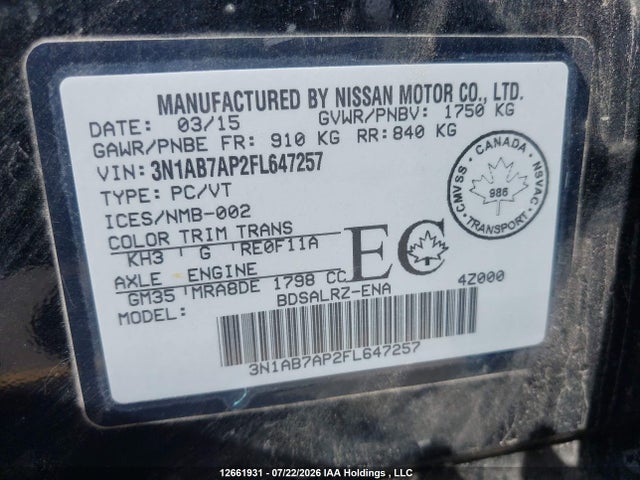 12661931 :رقم المزاد ، 3N1AB7AP2FL647257 vin ، 2015 Nissan Sentra 1.8 S/1.8 Sl/1.8 Sr/1.8 Sv مزاد بيع