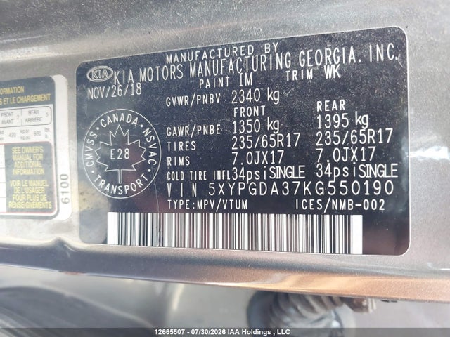 Aukcja sprzedaży 2019 Kia Sorento L/lx, vin: 5XYPGDA37KG550190, numer aukcji: 12665507