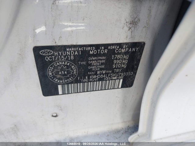 12665510 :رقم المزاد ، KMHD84LF5KU793353 vin ، 2019 Hyundai Elantra Preferred مزاد بيع