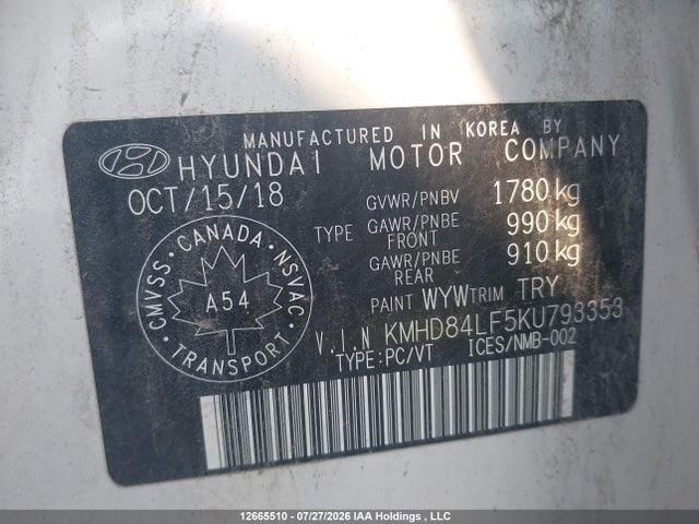 12665510 :رقم المزاد ، KMHD84LF5KU793353 vin ، 2019 Hyundai Elantra Preferred مزاد بيع