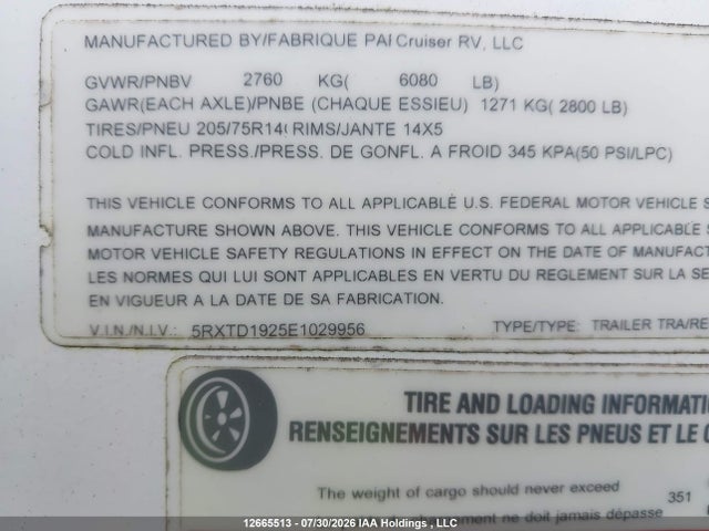 12665513 :رقم المزاد ، 5RXTD1925E1029956 vin ، 2014 Cruiser Cruiser مزاد بيع