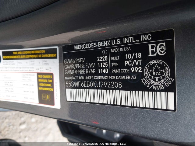 Aukcja sprzedaży 2019 Mercedes-benz C 43 Amg, vin: 55SWF6EB0KU292208, numer aukcji: 12665515