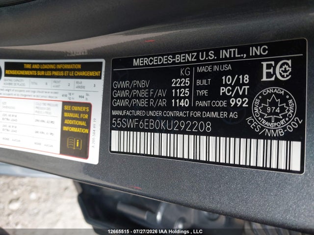 Aukcja sprzedaży 2019 Mercedes-benz C 43 Amg, vin: 55SWF6EB0KU292208, numer aukcji: 12665515
