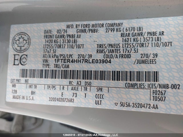 12665518 :رقم المزاد ، 1FTER4HH7RLE03904 vin ، 2024 Ford Ranger Xlt مزاد بيع
