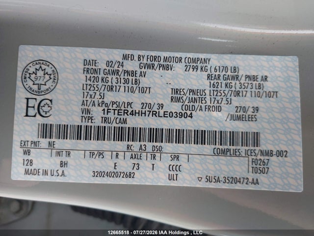 12665518 :رقم المزاد ، 1FTER4HH7RLE03904 vin ، 2024 Ford Ranger Xlt مزاد بيع