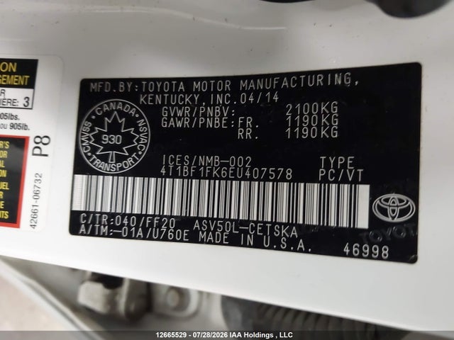 2014 Toyota Camry L/se/le/xle მანქანა იყიდება აუქციონზე, vin: 4T1BF1FK6EU407578, აუქციონის ნომერი: 12665529