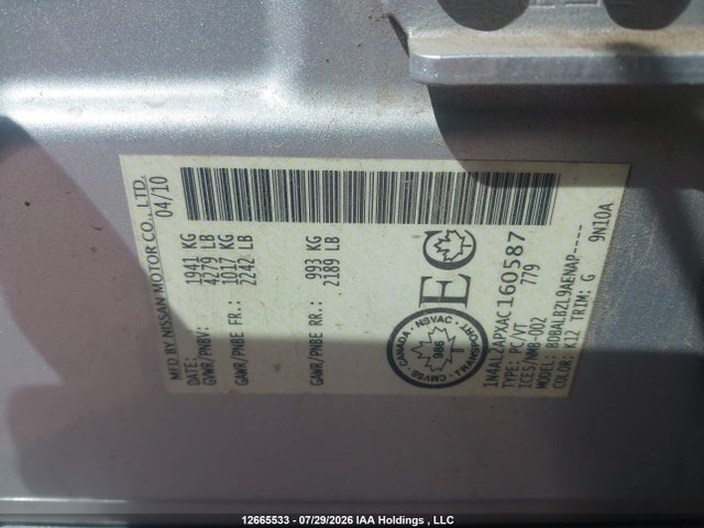 Aukcja sprzedaży 2010 Nissan Altima S, vin: 1N4AL2APXAC160587, numer aukcji: 12665533