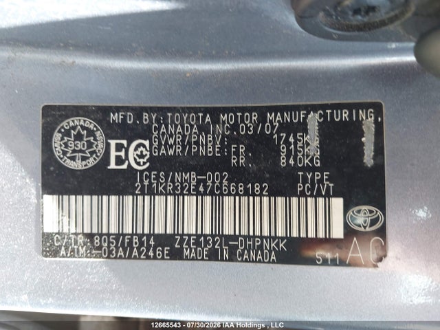 2007 Toyota Corolla Matrix Xr მანქანა იყიდება აუქციონზე, vin: 2T1KR32E47C668182, აუქციონის ნომერი: 12665543