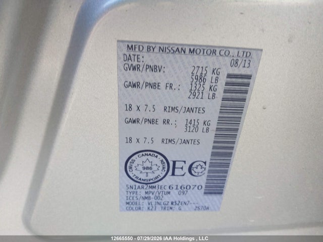 5N1AR2MM3EC616070 Nissan Pathfinder Platinum/s/sl/sv