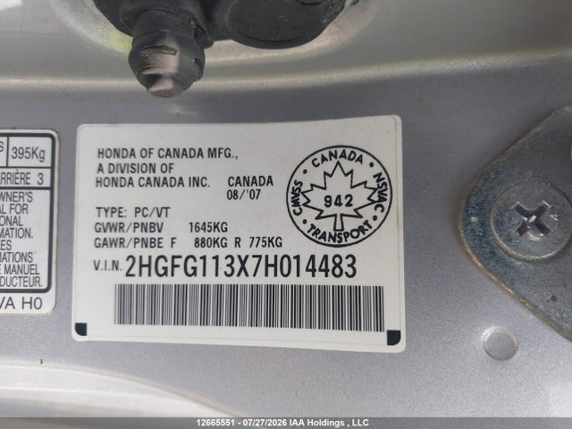 12665551 :رقم المزاد ، 2HGFG113X7H014483 vin ، 2007 Honda Civic Dx-g مزاد بيع