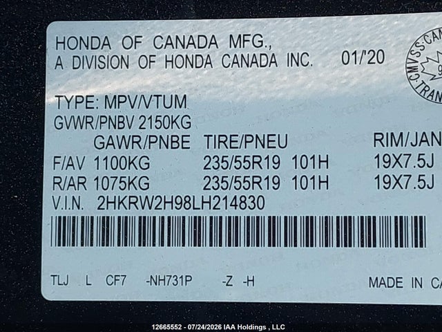 Продажа на аукционе авто 2020 Honda Cr-v Touring, vin: 2HKRW2H98LH214830, номер лота: 12665552