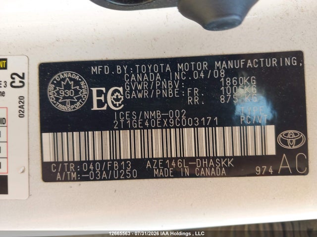 2009 Toyota Matrix მანქანა იყიდება აუქციონზე, vin: 2T1GE40EX9C003171, აუქციონის ნომერი: 12665563