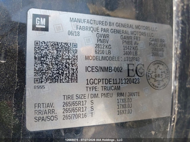Aukcja sprzedaży 2018 Chevrolet Colorado Z71, vin: 1GCPTDE11J1320423, numer aukcji: 12665575