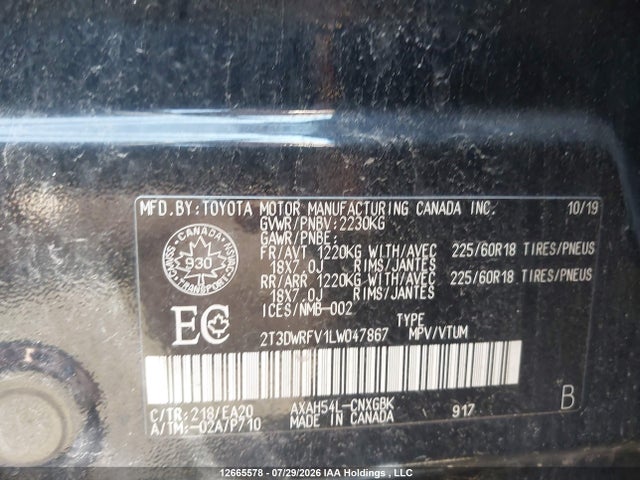 2020 Toyota Rav4 Hybrid Limited მანქანა იყიდება აუქციონზე, vin: 2T3DWRFV1LW047867, აუქციონის ნომერი: 12665578