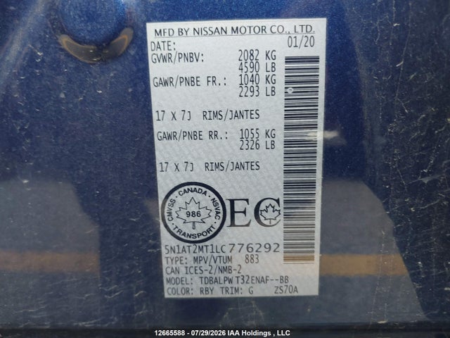 Продаж на аукціоні авто 2020 Nissan Rogue S/sl/sv, vin: 5N1AT2MT1LC776292, номер лоту: 12665588