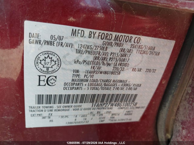 Продажа на аукционе авто 2008 Ford Taurus Sel, vin: 1FAHP27W48G100258, номер лота: 12665596