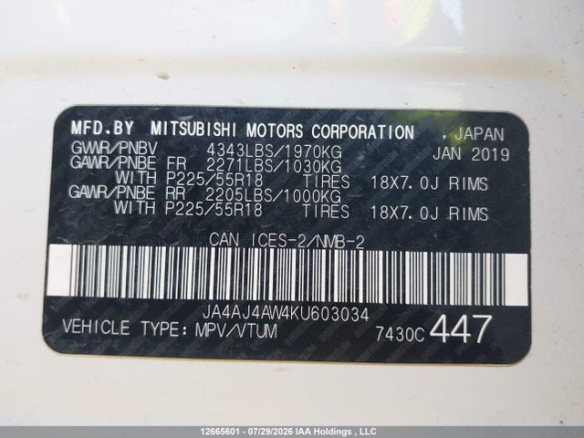 JA4AJ4AW4KU603034 Mitsubishi Rvr Se Limited/gt
