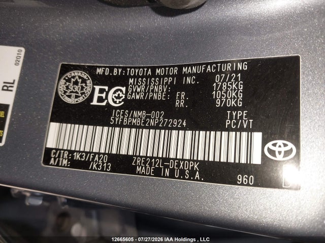 5YFBPMBE2NP272924 Toyota Corolla Le/xle