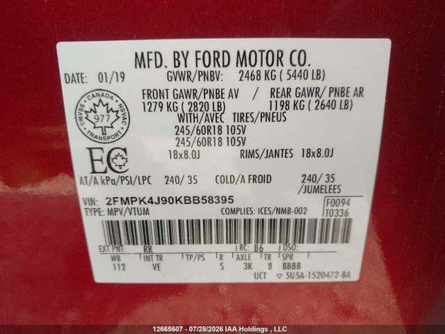2019 Ford Edge Sel მანქანა იყიდება აუქციონზე, vin: 2FMPK4J90KBB58395, აუქციონის ნომერი: 12665607