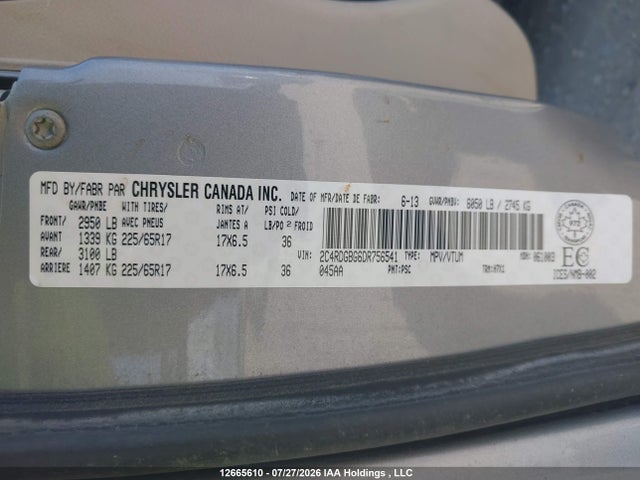 12665610 :رقم المزاد ، 2C4RDGBG6DR756541 vin ، 2013 Dodge Grand Caravan Se مزاد بيع