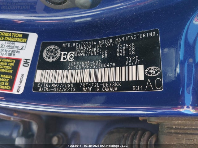 Aukcja sprzedaży 2016 Toyota Corolla S, vin: 2T1BURHE7GC500478, numer aukcji: 12665611