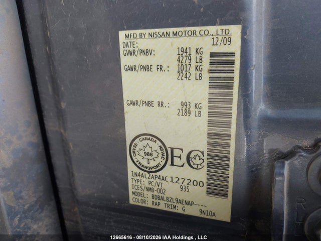 Aukcja sprzedaży 2010 Nissan Altima S, vin: 1N4AL2AP4AC127200, numer aukcji: 12665616
