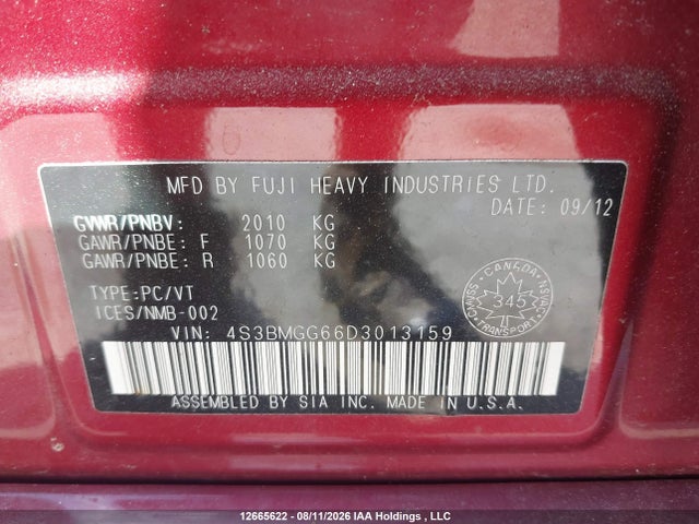 12665622 :رقم المزاد ، 4S3BMGG66D3013159 vin ، 2013 Subaru Legacy مزاد بيع