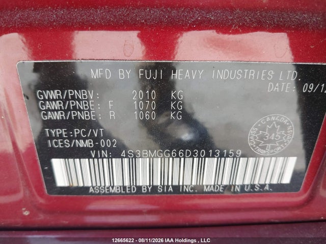 12665622 :رقم المزاد ، 4S3BMGG66D3013159 vin ، 2013 Subaru Legacy مزاد بيع