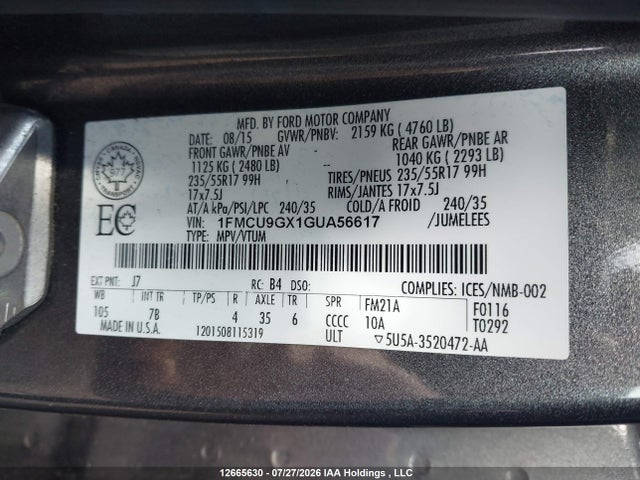 Продаж на аукціоні авто 2016 Ford Escape Se, vin: 1FMCU9GX1GUA56617, номер лоту: 12665630